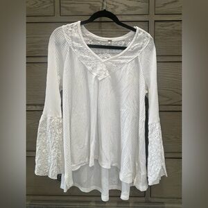 Free People Parisian Nights Top, Women’s Waffle Knit, Eyelet Embroidered, Size L